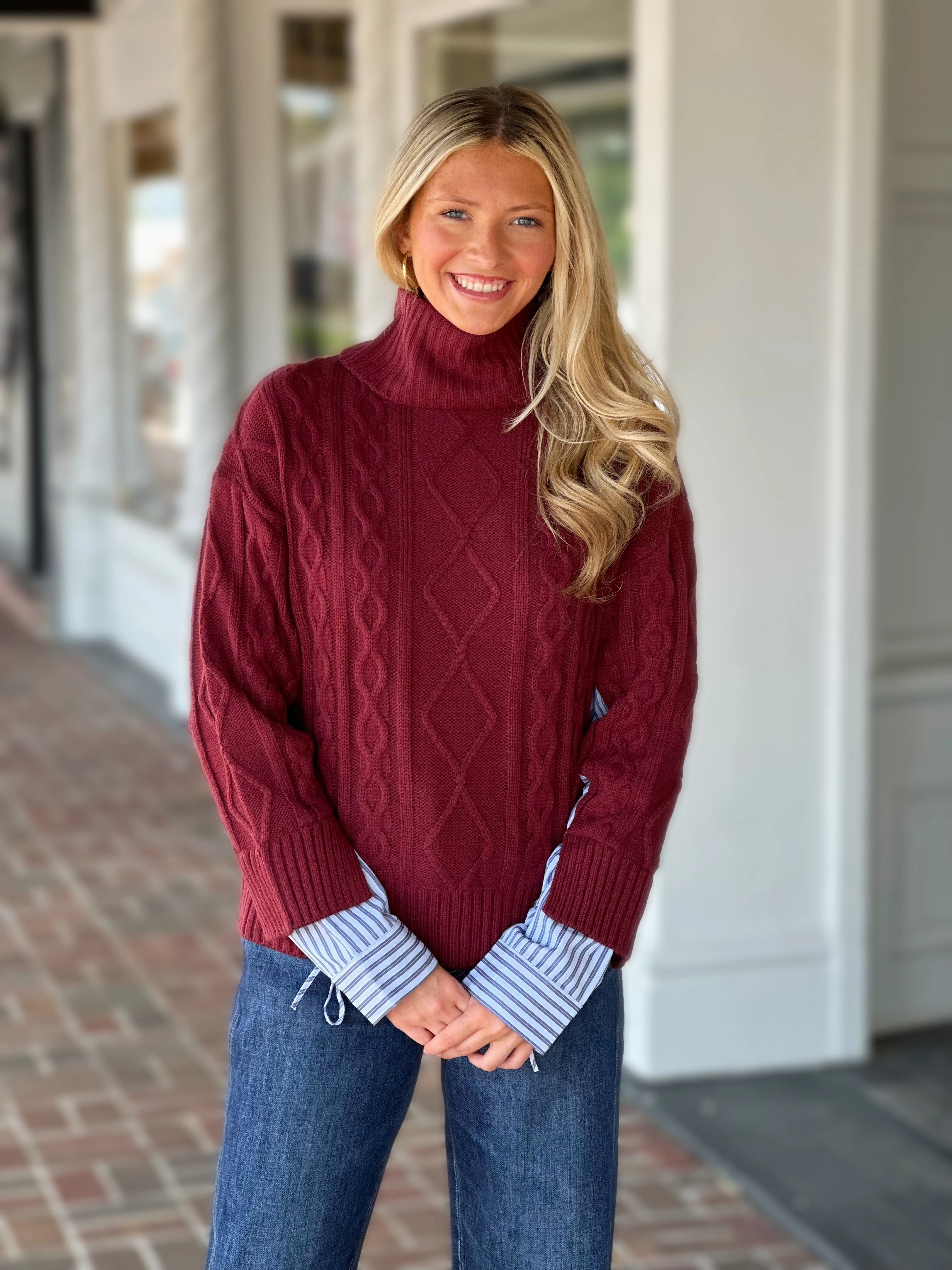 French Dressing Mix Material Cable Sweater in Scarlet Ethically Sourced Material TwoToneEffect