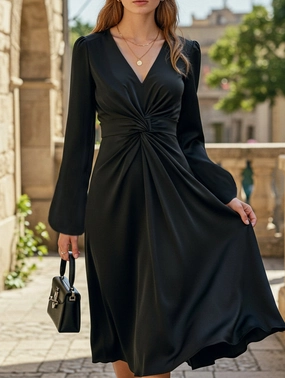 CrinkleResistantWeave French Royal Sister Style V-Neck Waist Long Dress
