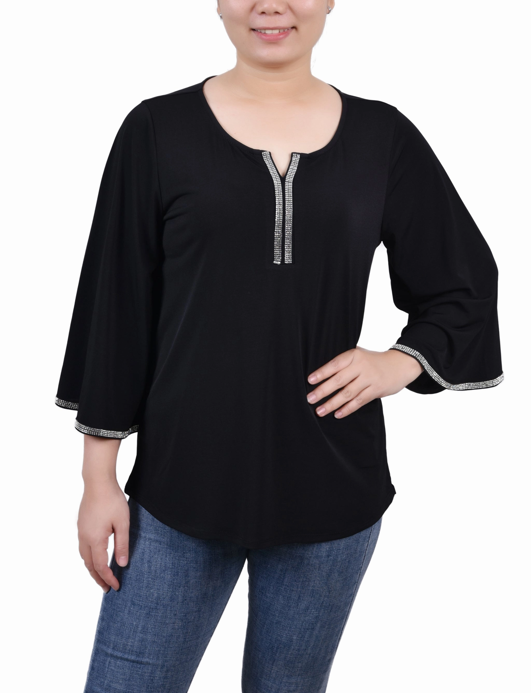 Petite 3/4 Bell Sleeve Top With Stones Hot Weather DoubleLayeredCollar