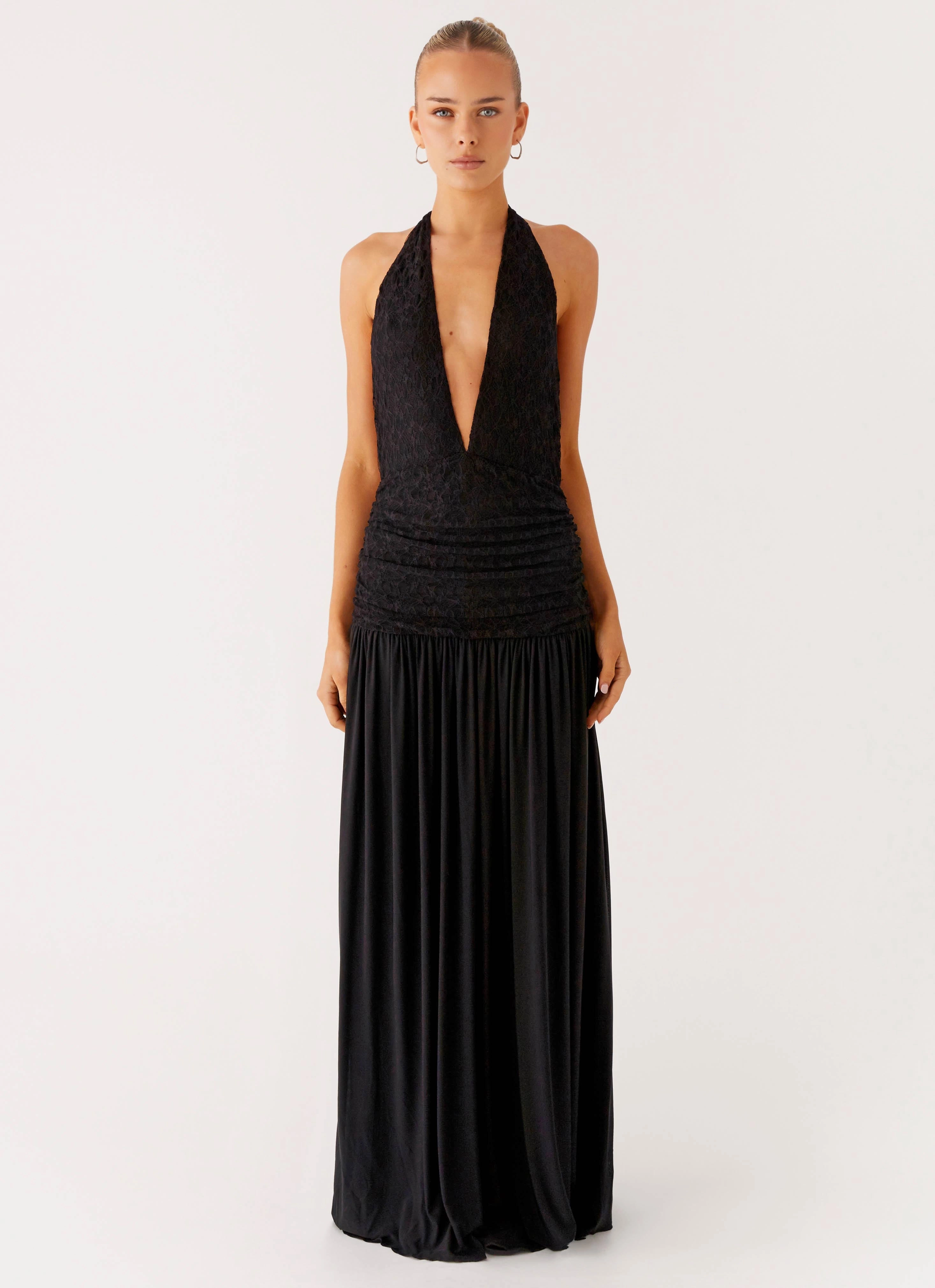 Comfortable Waist Frayed-Edge Full Attention Maxi Dress - Black