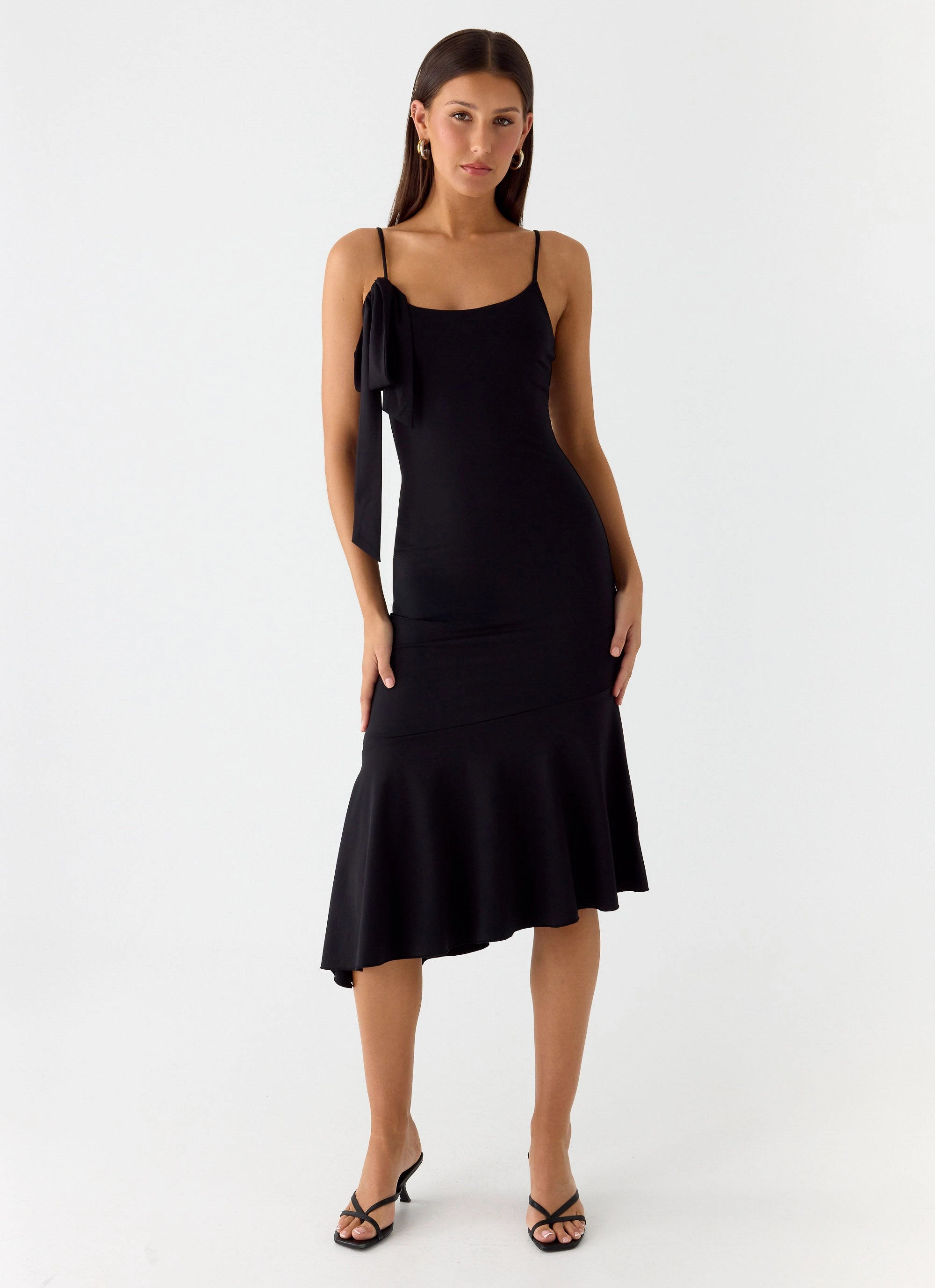 Tranquility Asymmetric Midi Dress - Black Chic Design High-waist