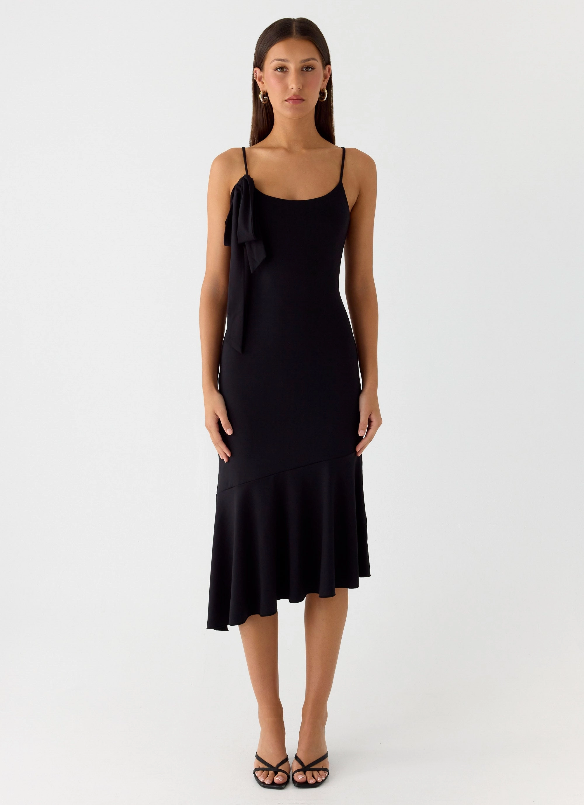 Tranquility Asymmetric Midi Dress - Black Sleek Touch