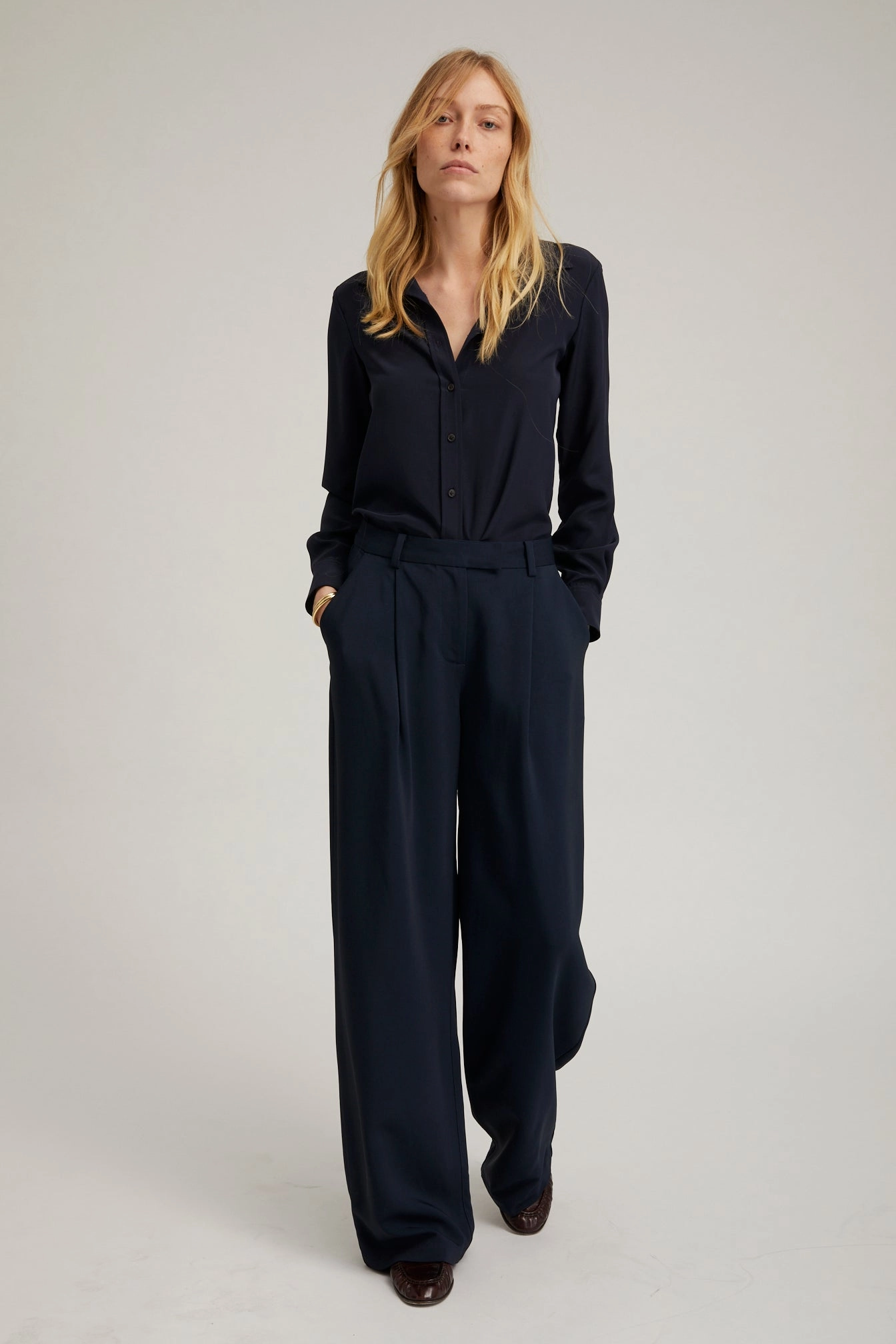 Navy Silk Fitted Button Down Compression Fit Technology Basic Tank