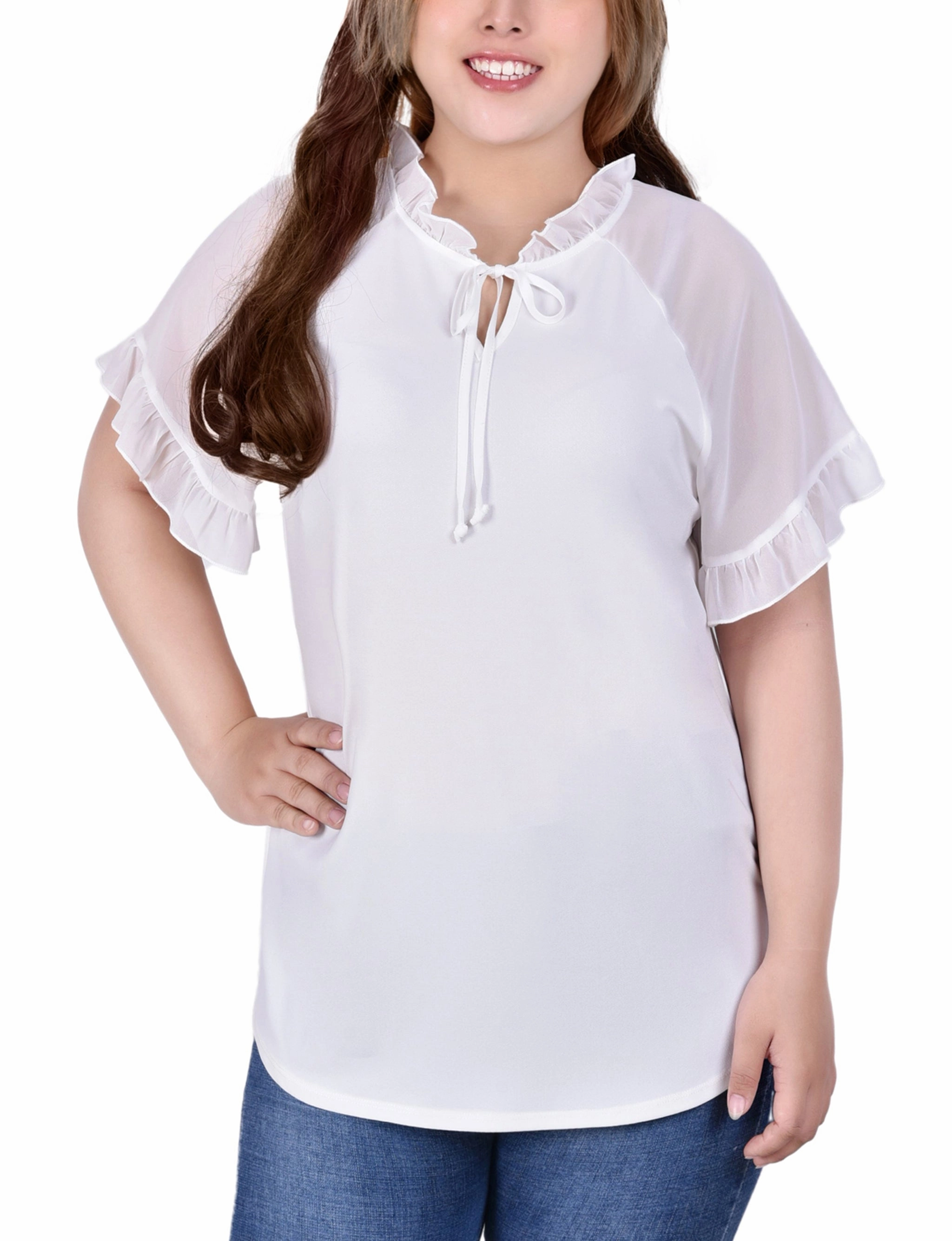 Plus Size Short Ruffled Sleeve Crepe Knit Top With Chiffon Sleeves Ribbed Hem