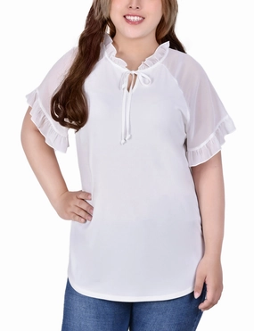Petal Sleeve Architecture Plus Size Short Ruffled Sleeve Crepe Knit Top With Chiffon Sleeves