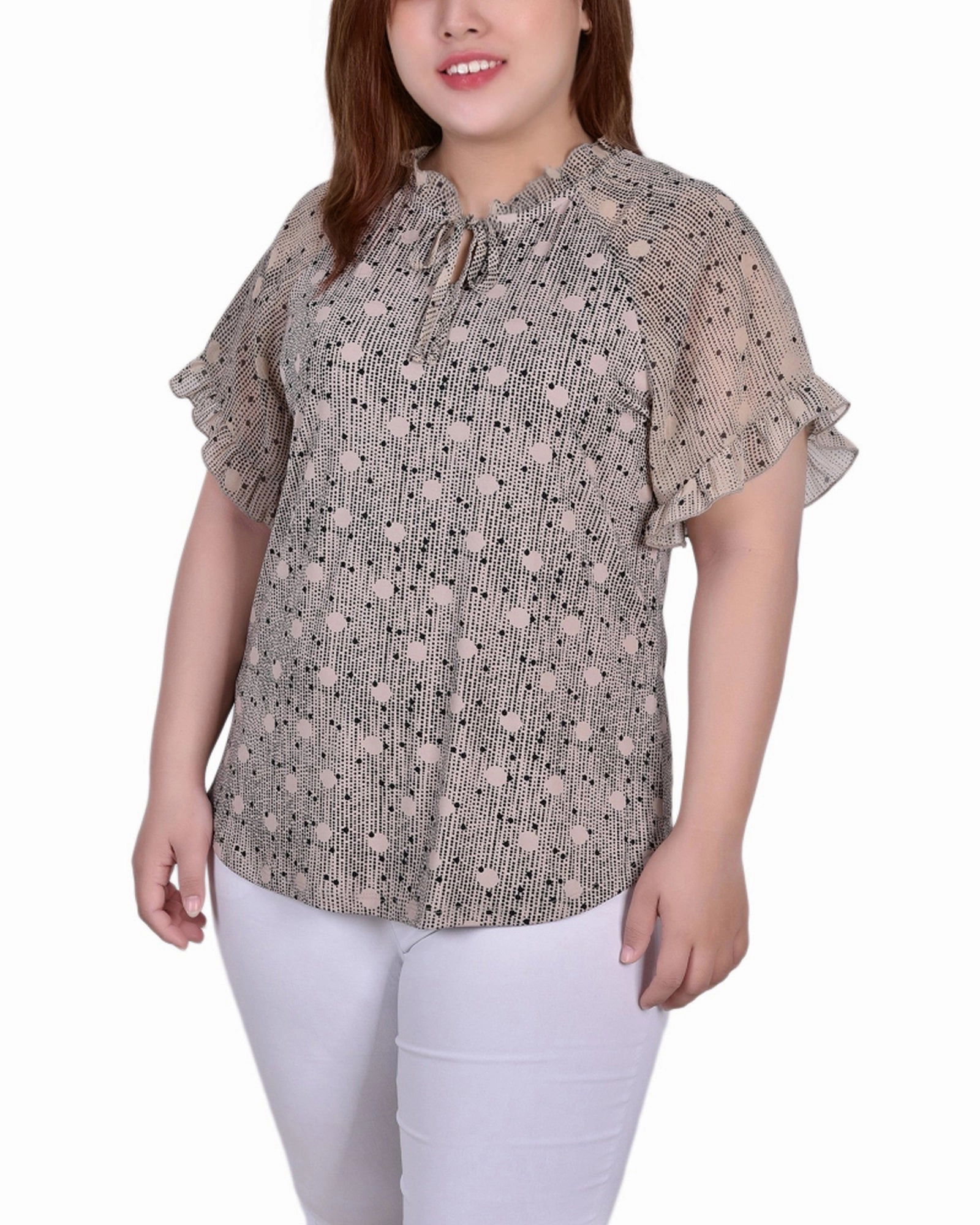 Fashion Blouse Plus Size Short Ruffled Sleeve Crepe Knit Top With Chiffon Sleeves