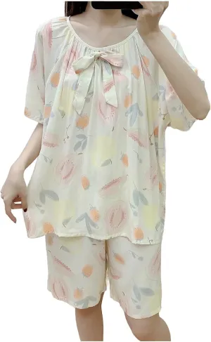 Funny Printed Pajama Set for Women Loose Fit 2 Piece Lounge Outfit Cute Bow Tie Short Sleeve T Shirt and Shorts Sets