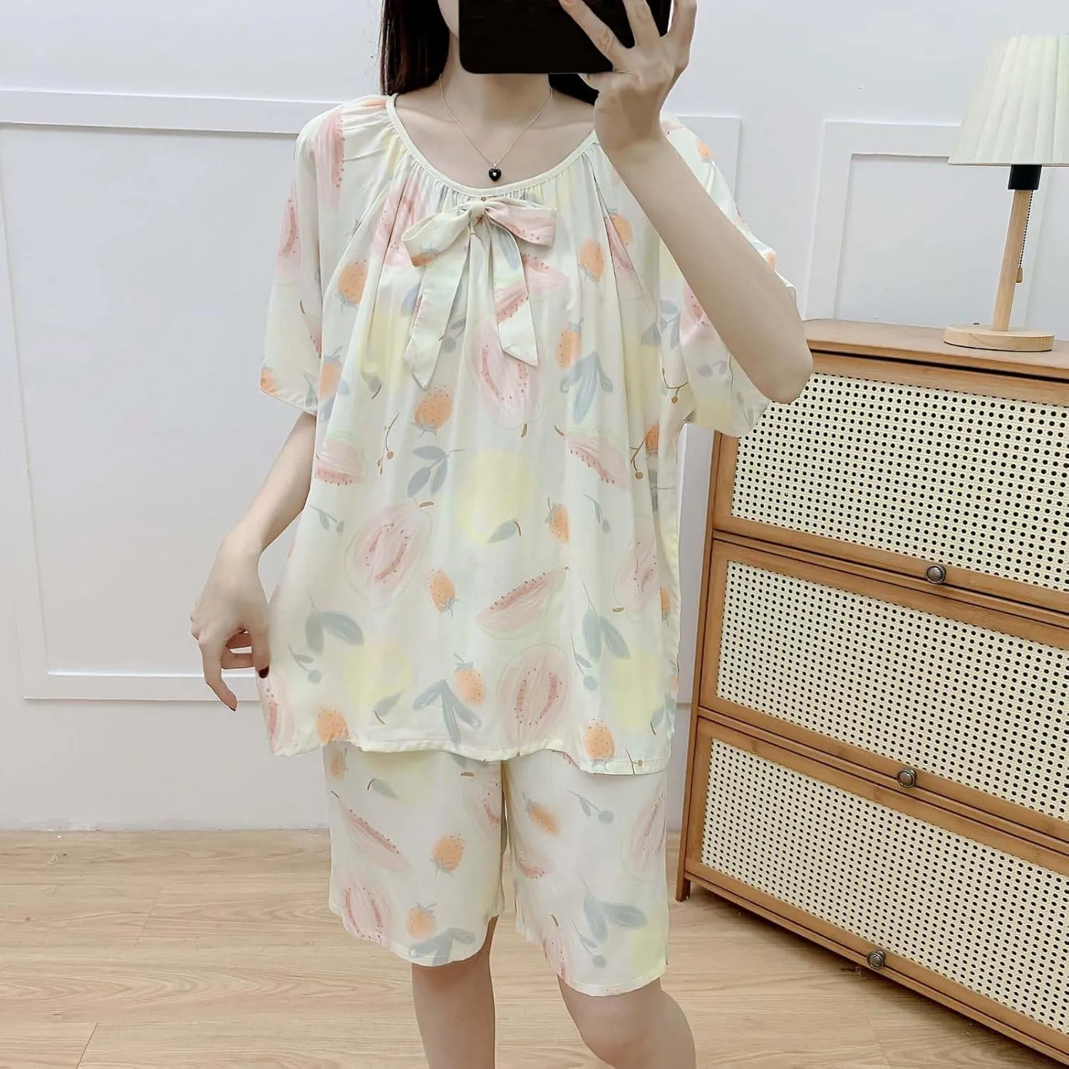 Funny Printed Pajama Set for Women Loose Fit 2 Piece Lounge Outfit Cute Bow Tie Short Sleeve T Shirt and Shorts Sets