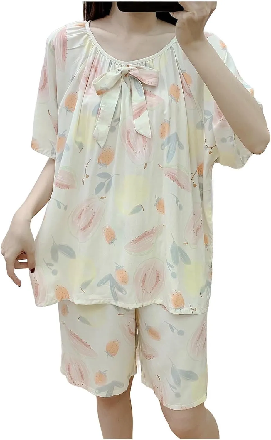 Funny Printed Pajama Set for Women Loose Fit 2 Piece Lounge Outfit Cute Bow Tie Short Sleeve T Shirt and Shorts Sets