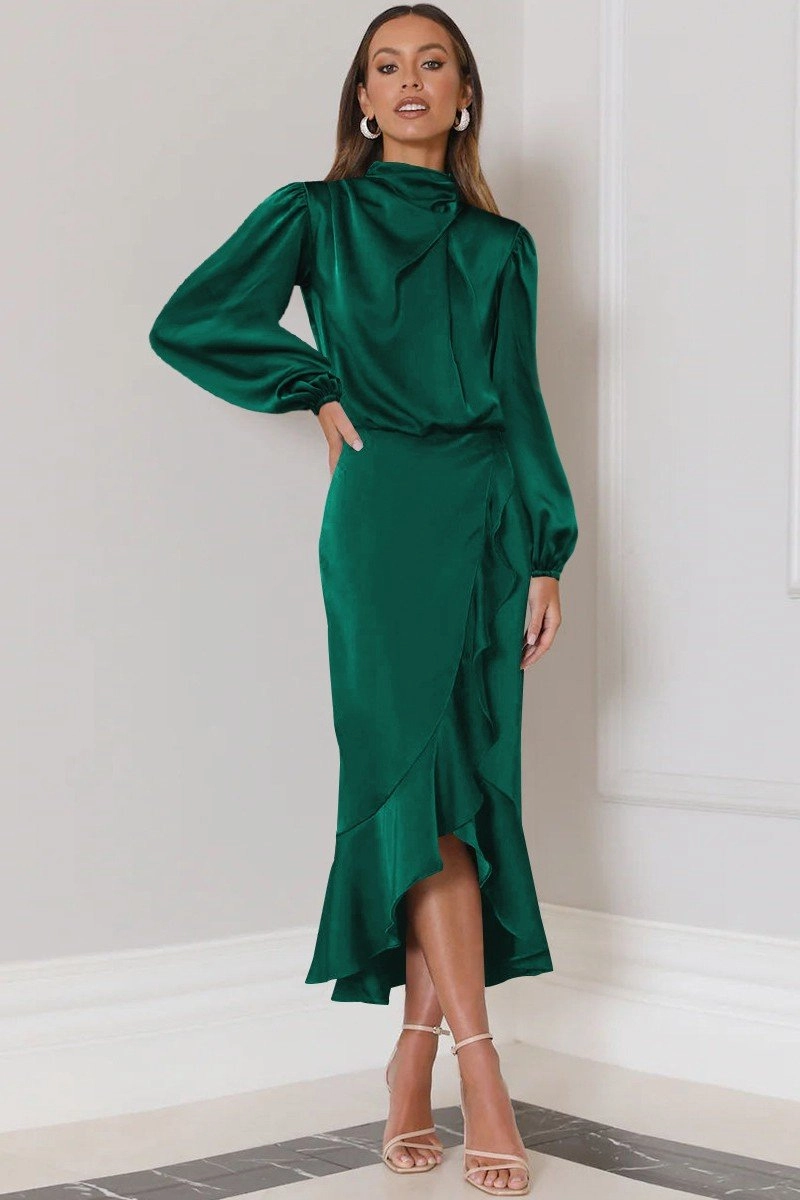 Street Style WOMEN ELEGANT LONG SLEEVE RUFFLE WRAP PARYT DRESS