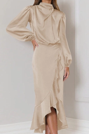 Soft Appearance Gathered-Detail WOMEN ELEGANT LONG SLEEVE RUFFLE WRAP PARYT DRESS