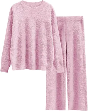Fuzzy Fleece Pajama Sets for Women Long Sleeve Top Wide Leg Pants Winter Warm 2 Piece Lounge Outfits Sleepwear