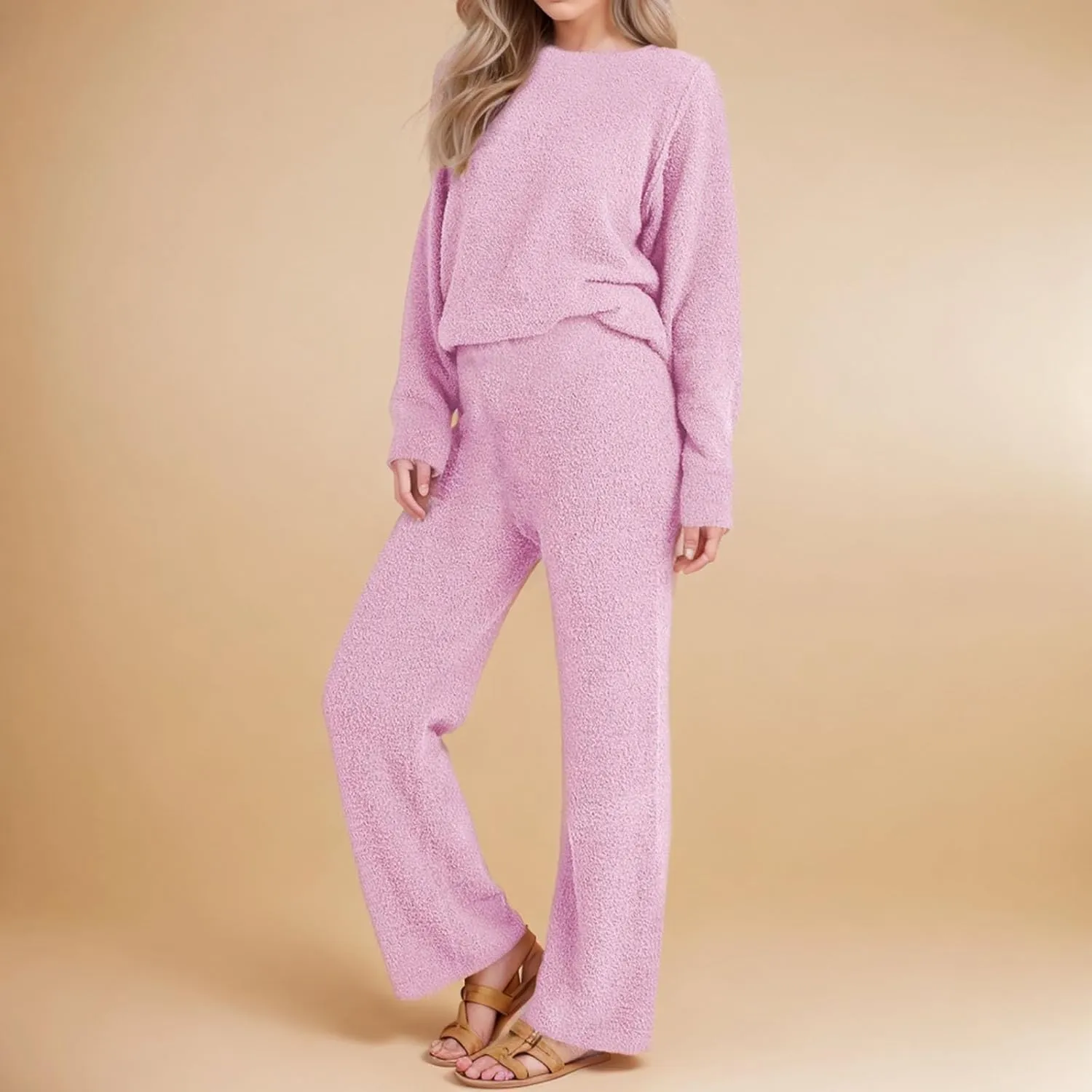 Fuzzy Fleece Pajama Sets for Women Long Sleeve Top Wide Leg Pants Winter Warm 2 Piece Lounge Outfits Sleepwear