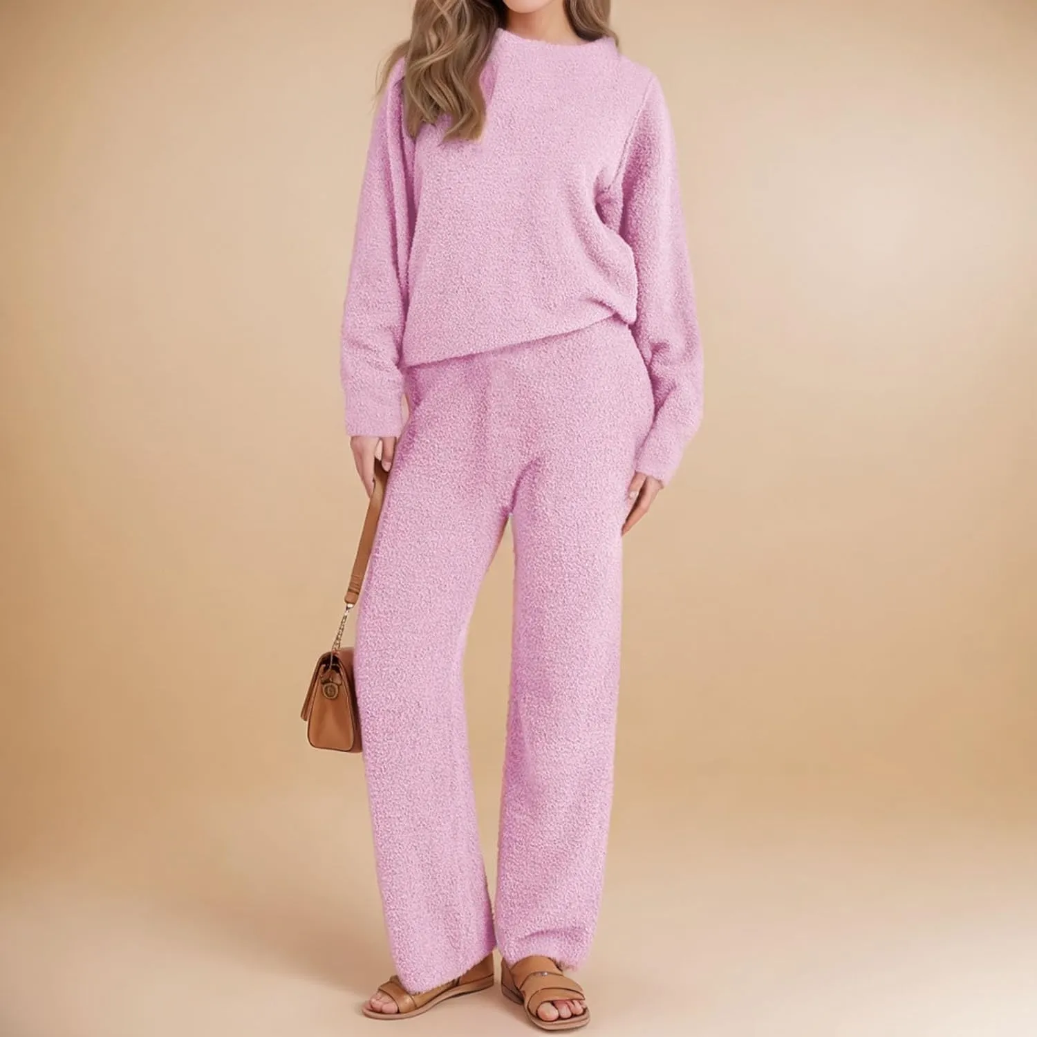 Fuzzy Fleece Pajama Sets for Women Long Sleeve Top Wide Leg Pants Winter Warm 2 Piece Lounge Outfits Sleepwear