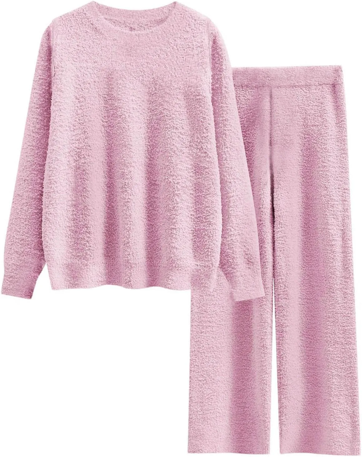 Fuzzy Fleece Pajama Sets for Women Long Sleeve Top Wide Leg Pants Winter Warm 2 Piece Lounge Outfits Sleepwear
