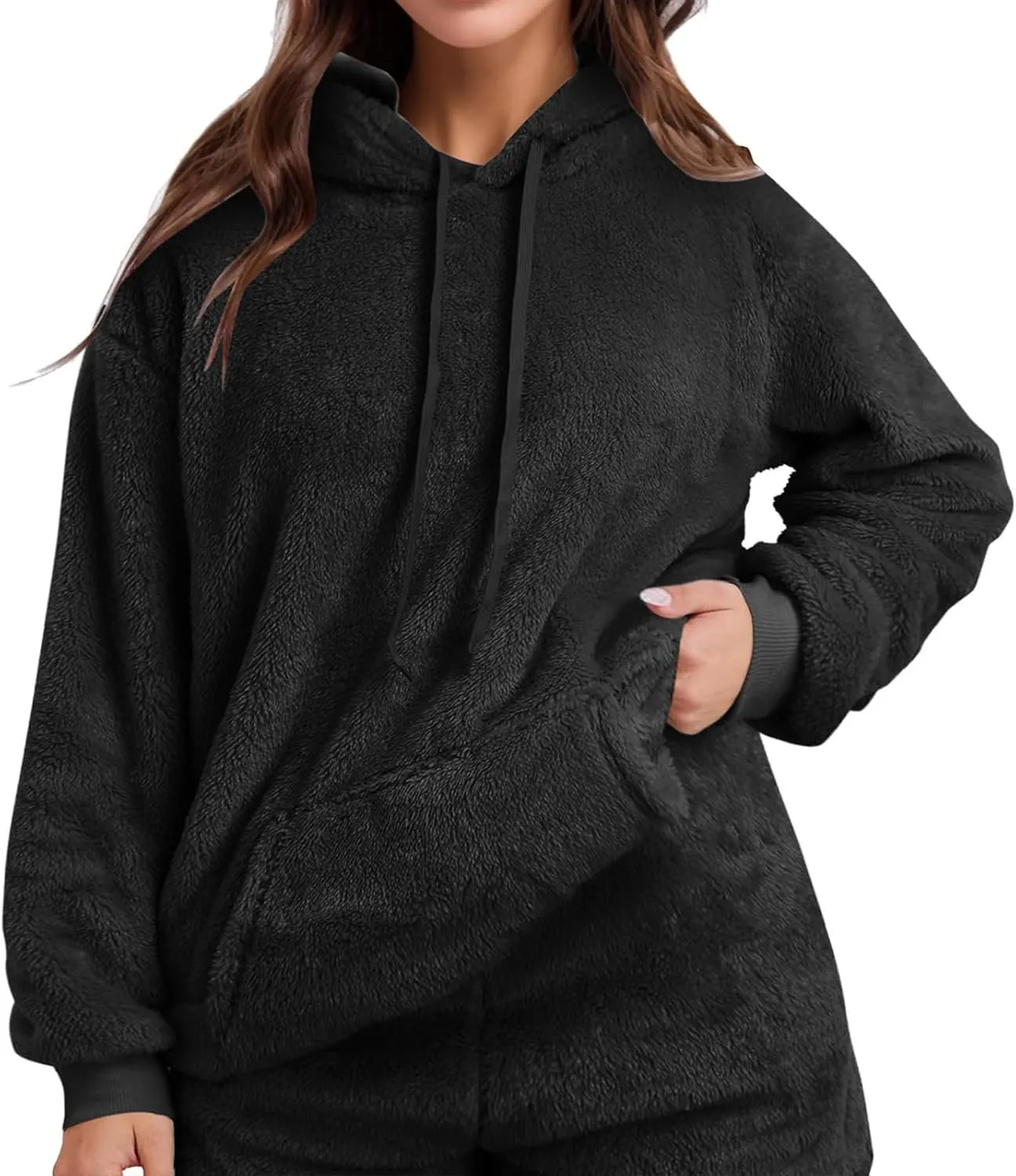 Fuzzy Fleece Pajamas 2 Piece Warm Lounge Set Sherpa Fluffy Hoodie Shorts Sets Loungewear Pajamas Sets