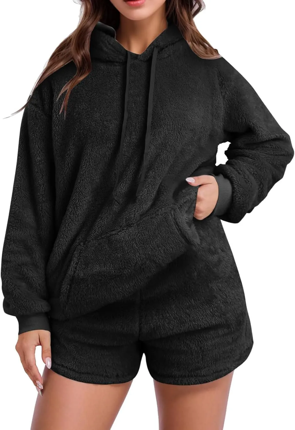Fuzzy Fleece Pajamas 2 Piece Warm Lounge Set Sherpa Fluffy Hoodie Shorts Sets Loungewear Pajamas Sets