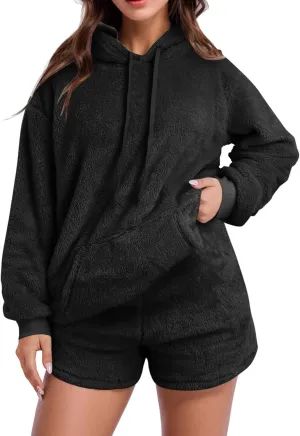 Fuzzy Fleece Pajamas 2 Piece Warm Lounge Set Sherpa Fluffy Hoodie Shorts Sets Loungewear Pajamas Sets