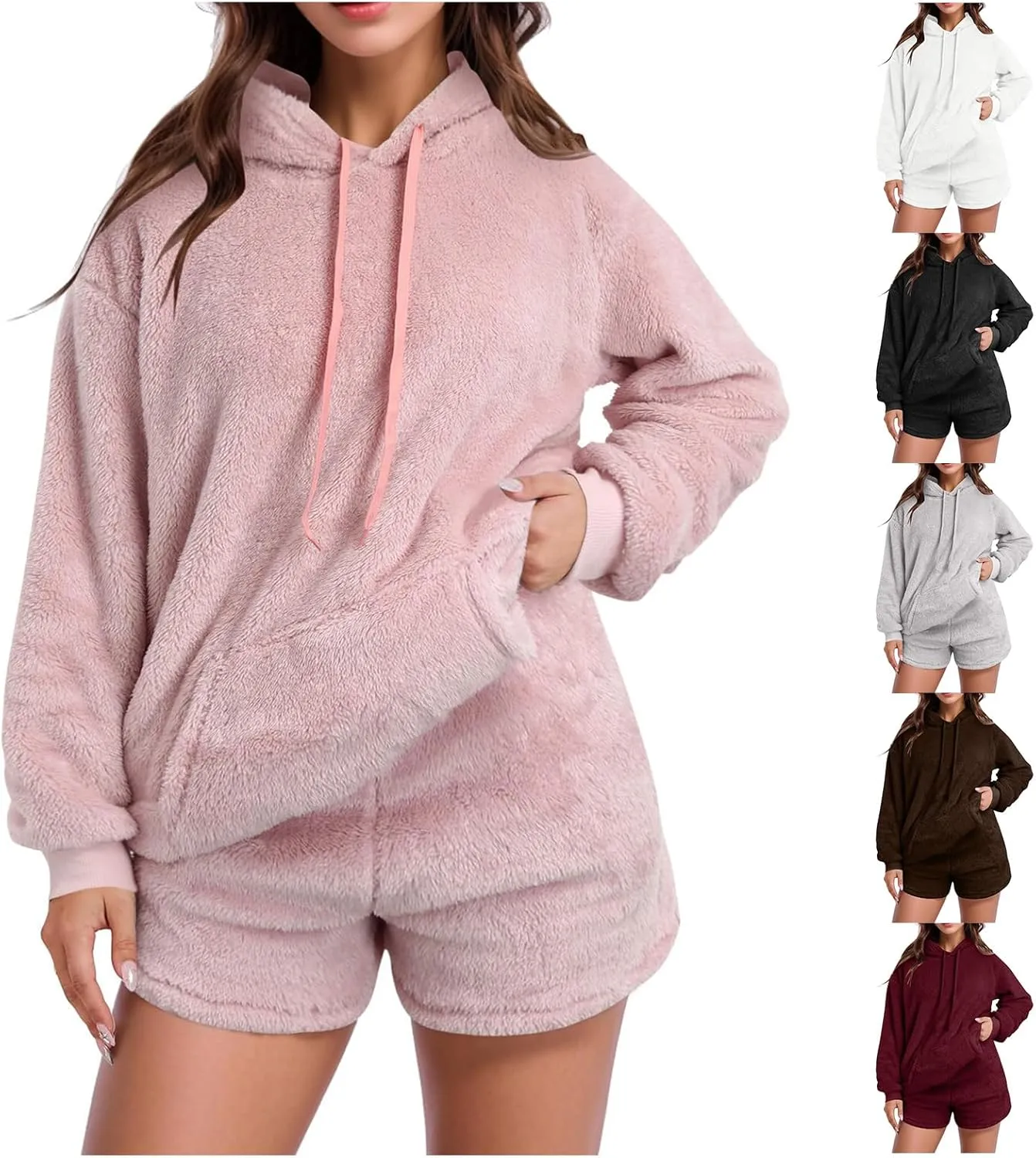 Fuzzy Fleece Pajamas 2 Piece Warm Lounge Set Sherpa Fluffy Hoodie Shorts Sets Loungewear Pajamas Sets