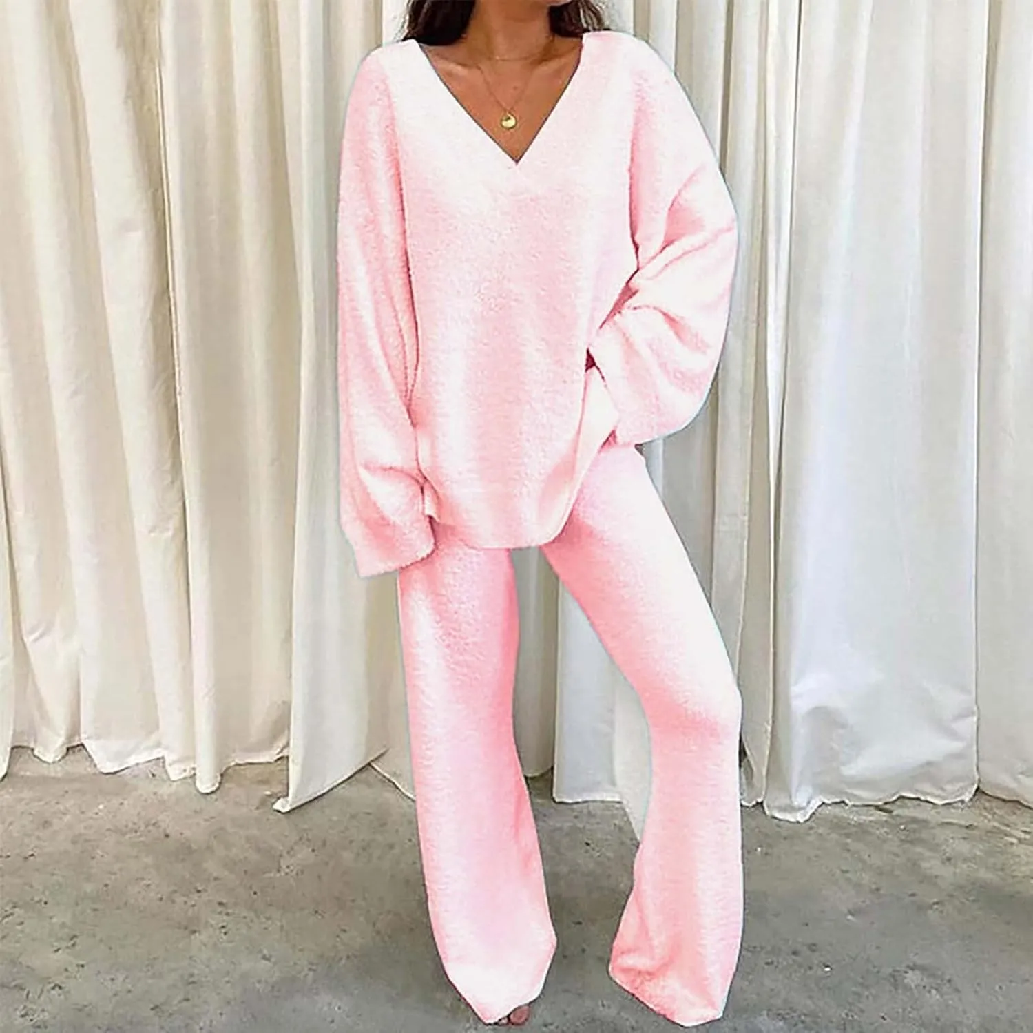 Fuzzy Plush Pajama Sets for Women 2Pc Outfits Knit Top Wide Leg Pants Comfy Loungewear Sets Fall Fashion Warm Sleepwear