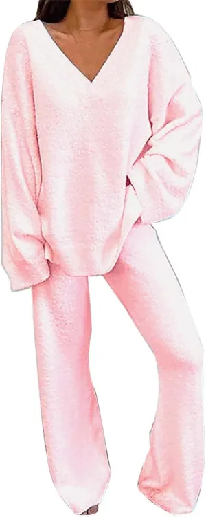 Fuzzy Plush Pajama Sets for Women 2Pc Outfits Knit Top Wide Leg Pants Comfy Loungewear Sets Fall Fashion Warm Sleepwear