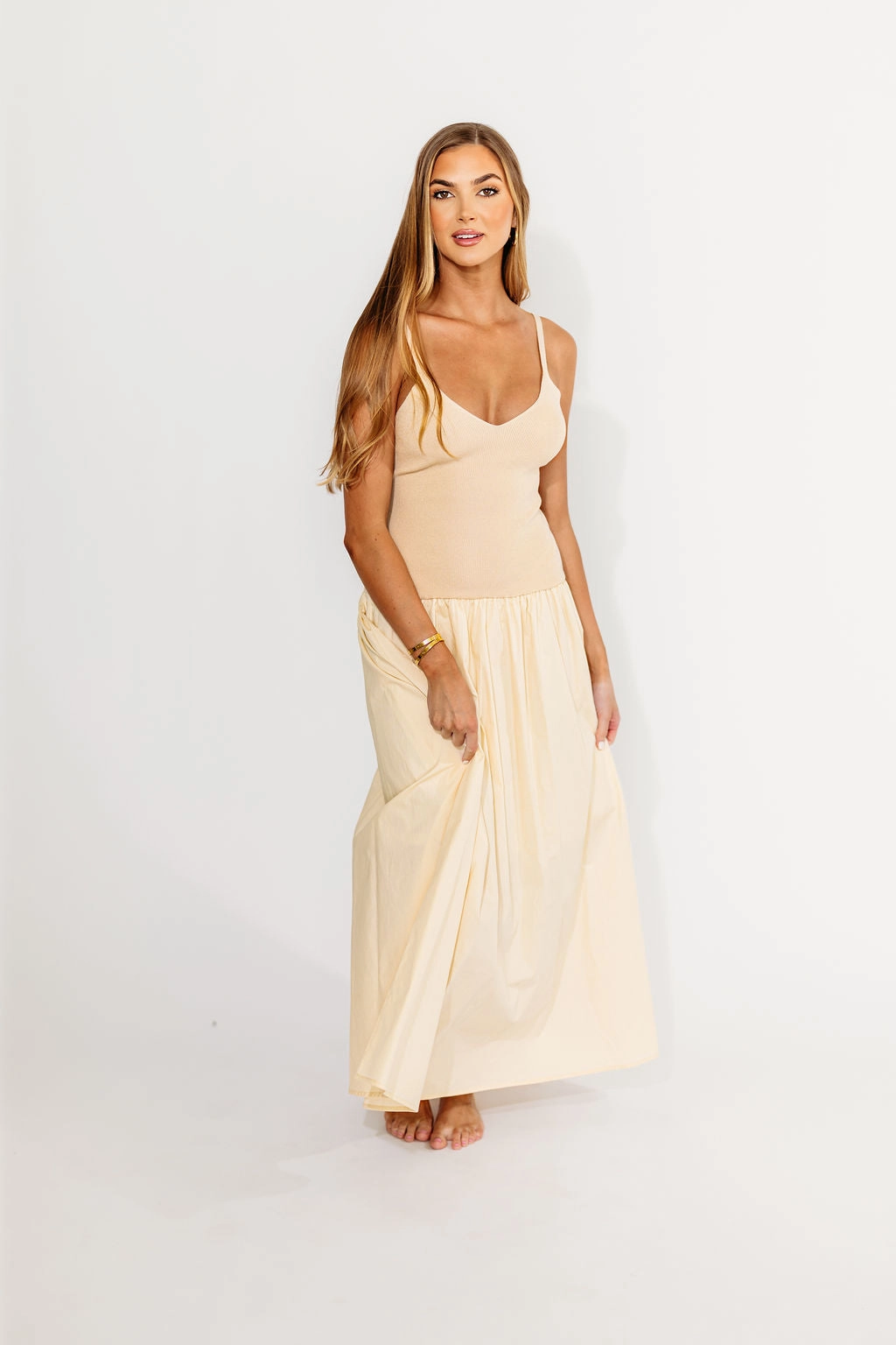 Gaby V-Neck Mixed Media Maxi Dress in Cream *Final-Sale* All Daywear