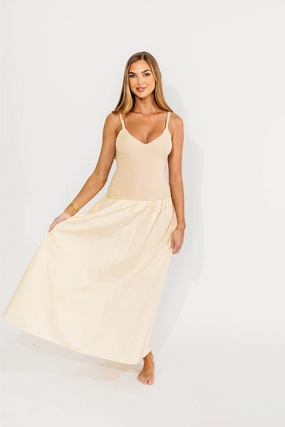 City Style Gaby V-Neck Mixed Media Maxi Dress in Cream *Final-Sale*