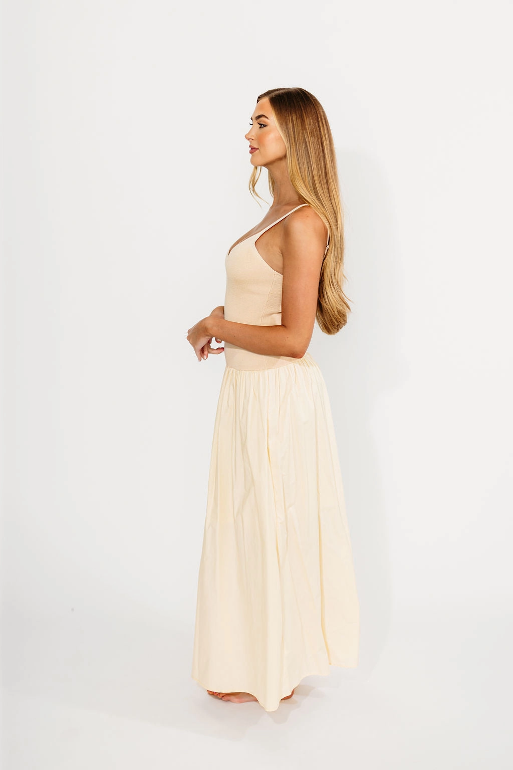 Gaby V-Neck Mixed Media Maxi Dress in Cream *Final-Sale* Layered Fit Charming Style