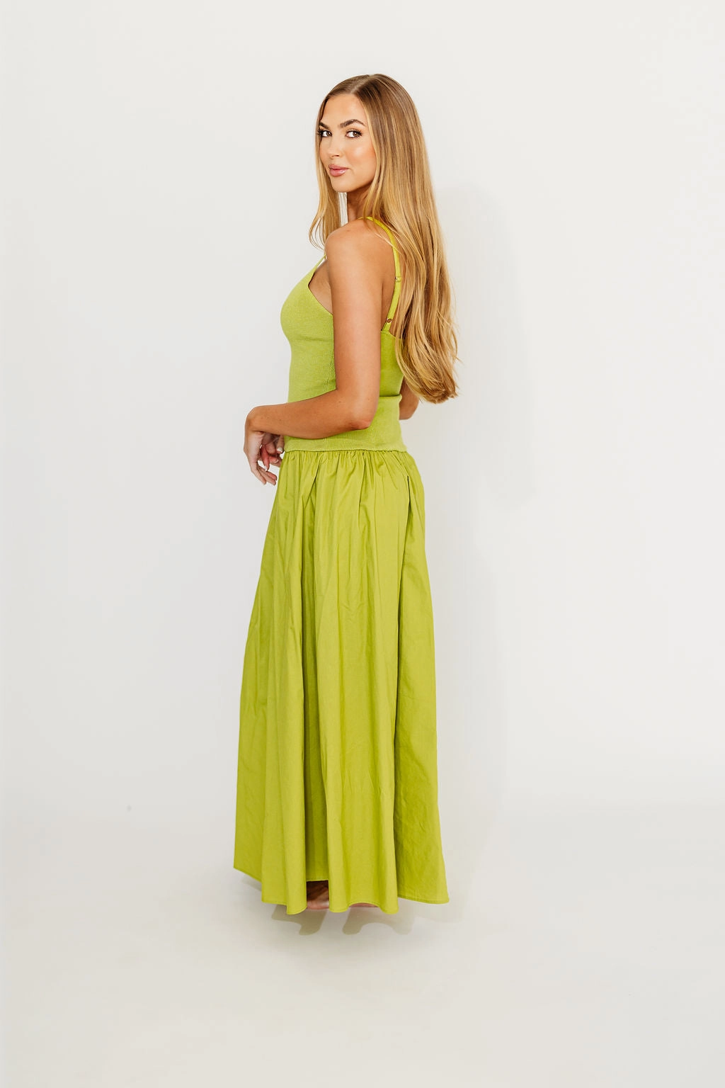 Elegant formal outfit Gaby V-Neck Sleeveless Mixed Media Maxi Dress in Green *Final-Sale*