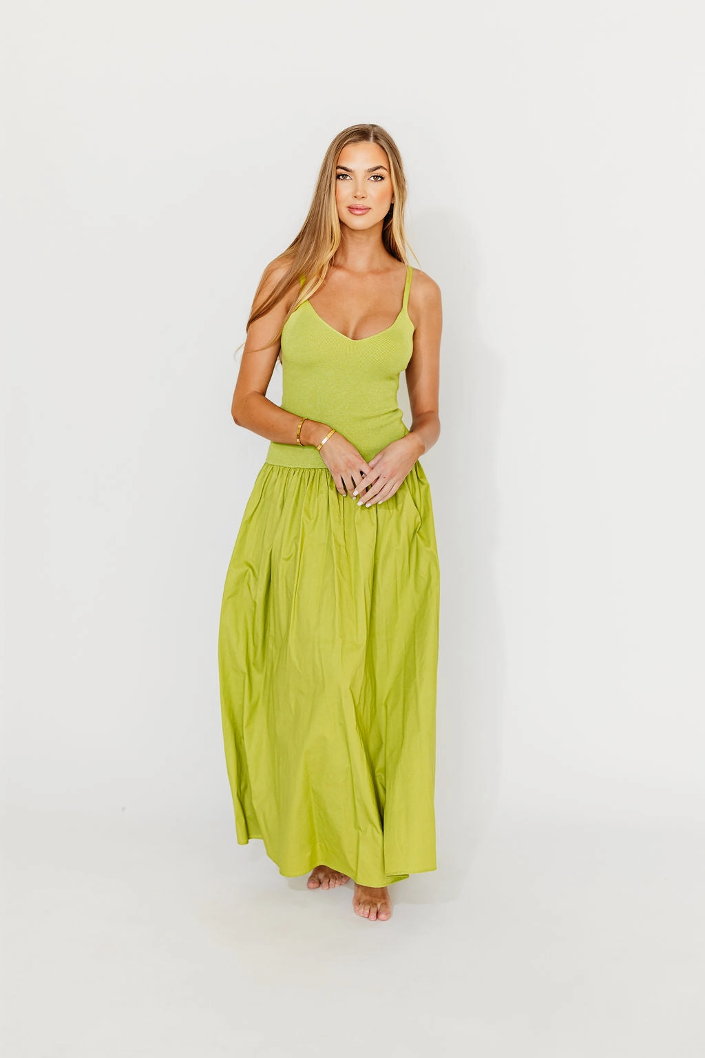 Autumn Look Gaby V-Neck Sleeveless Mixed Media Maxi Dress in Green *Final-Sale*