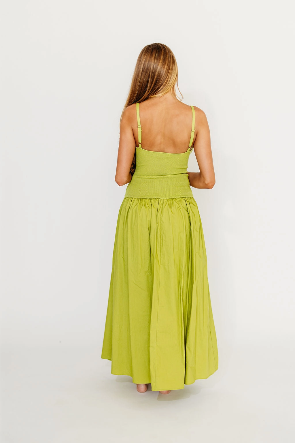 Gaby V-Neck Sleeveless Mixed Media Maxi Dress in Green *Final-Sale* Clean Texture Day Ready Look