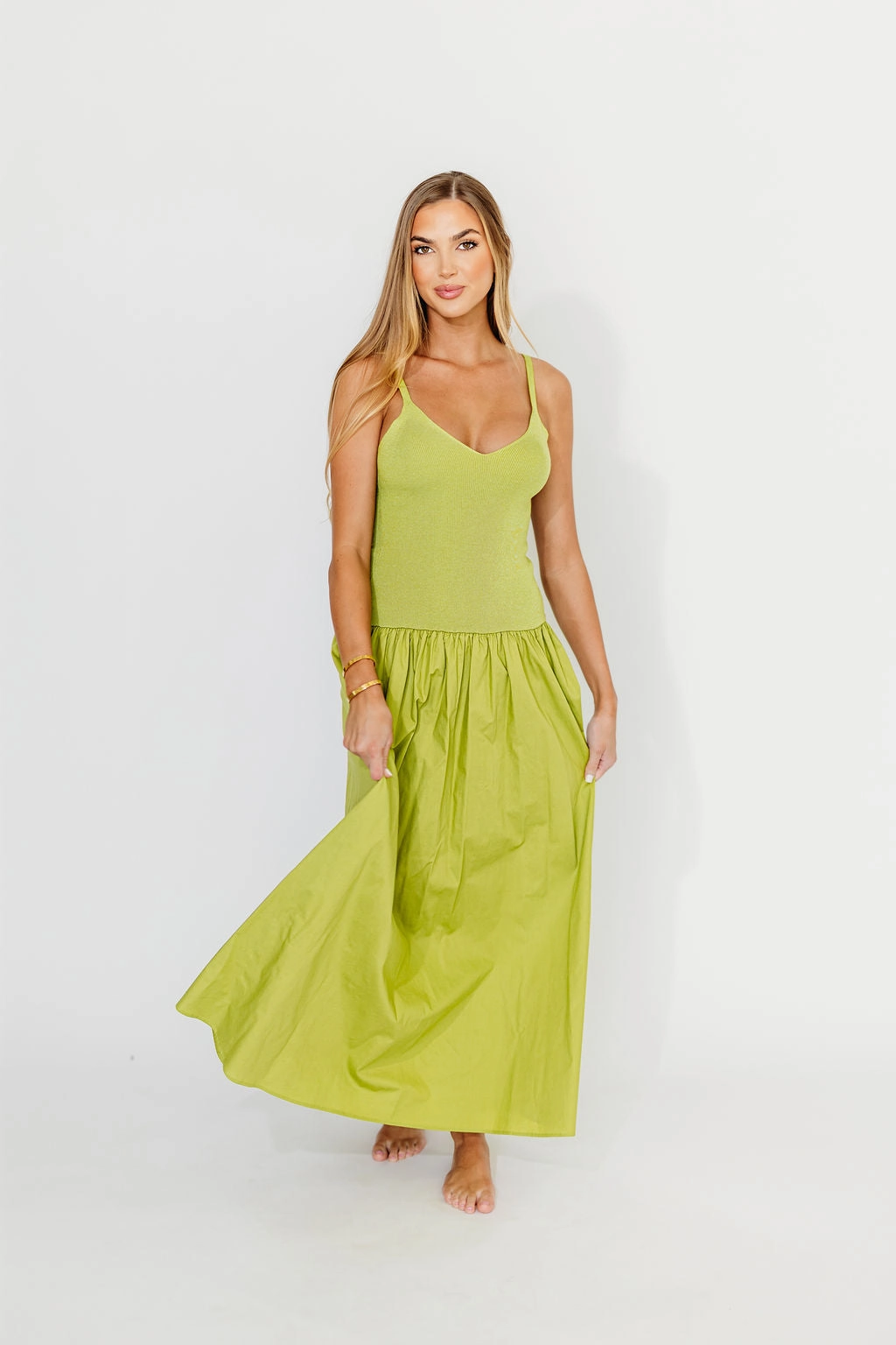 Gaby V-Neck Sleeveless Mixed Media Maxi Dress in Green *Final-Sale* Versatile Layer Wear Cozy Vibes
