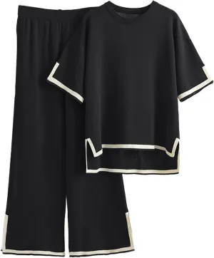 Gacaky Women Lounge 2 Piece Sets Pajamas 2 Piece Short Sleeve Knit Pullover Tops and Wide Leg Pants