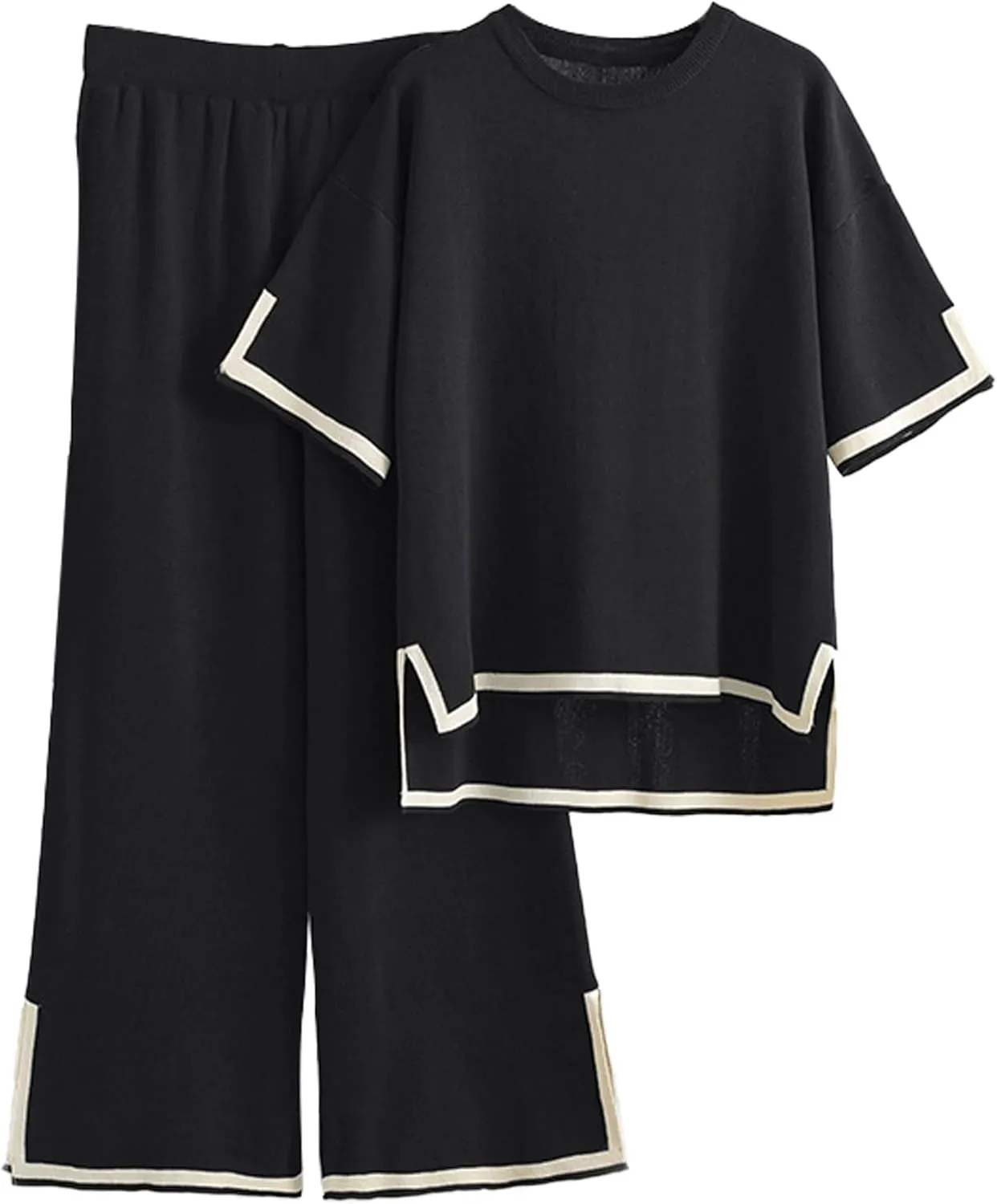 Gacaky Women Lounge 2 Piece Sets Pajamas 2 Piece Short Sleeve Knit Pullover Tops and Wide Leg Pants