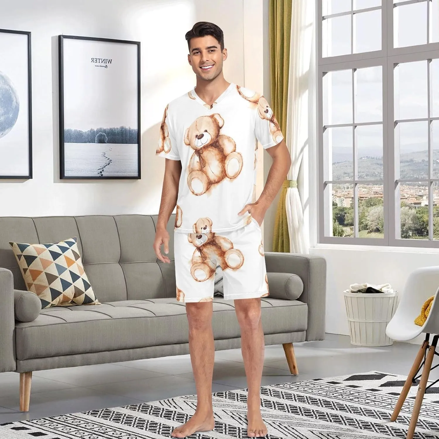 GAIGEO Cartoon Dinosaurs Palm Mens Short Pajamas, Mens Summer Pajamas Set, Short Sleeve Pajamas for Men, S-XXL