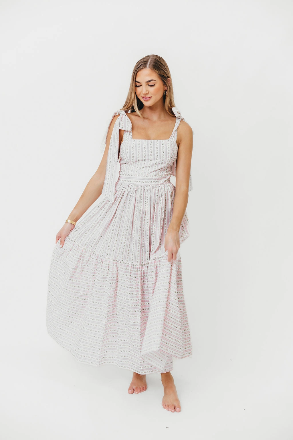 Garcelle Floral Tiered Midi Dress in Pink *Final-Sale* Smart Waistband Fit Chic Mom