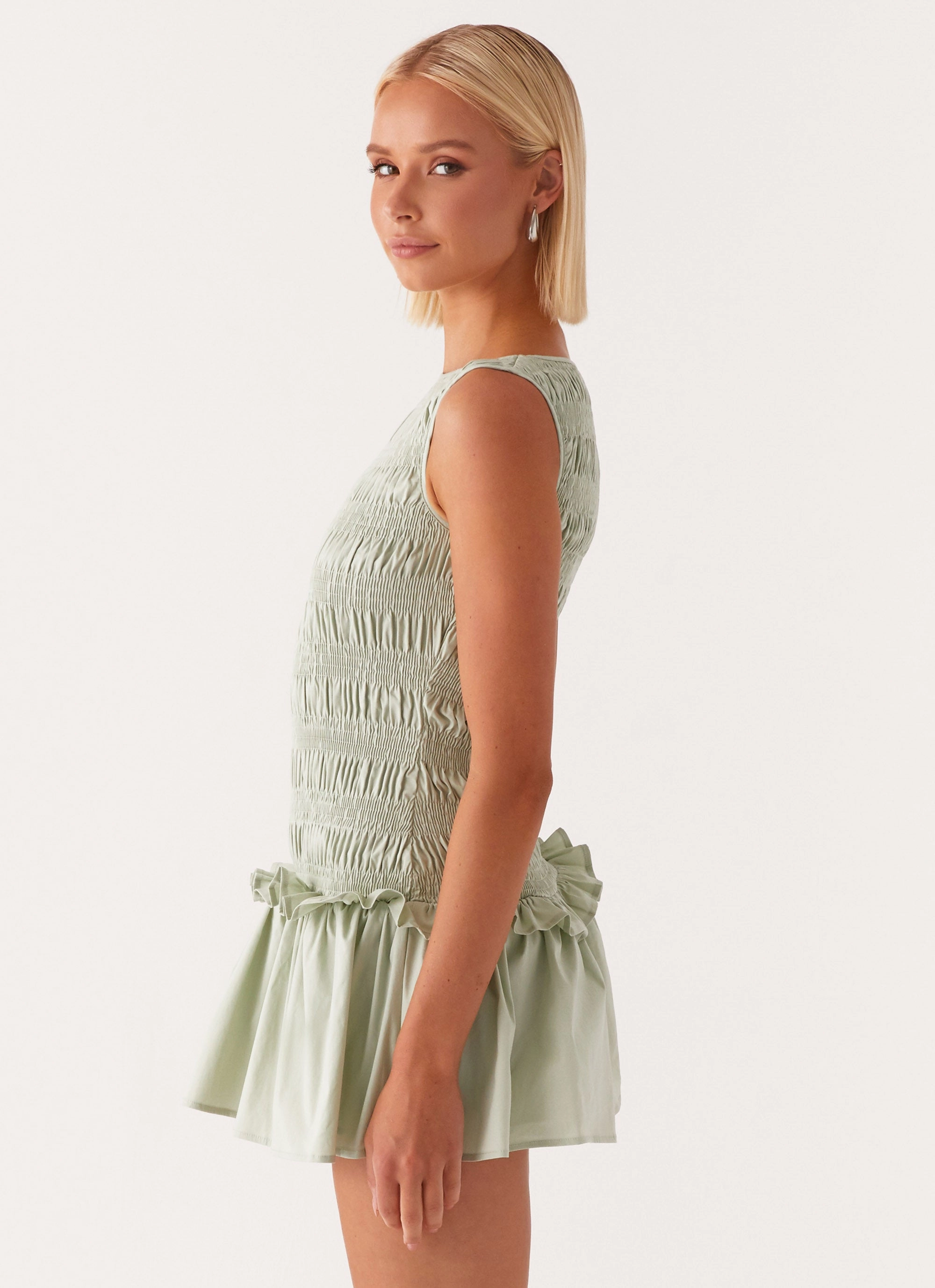 Easy Look Garden Kisses Shirred Mini Dress - Sage
