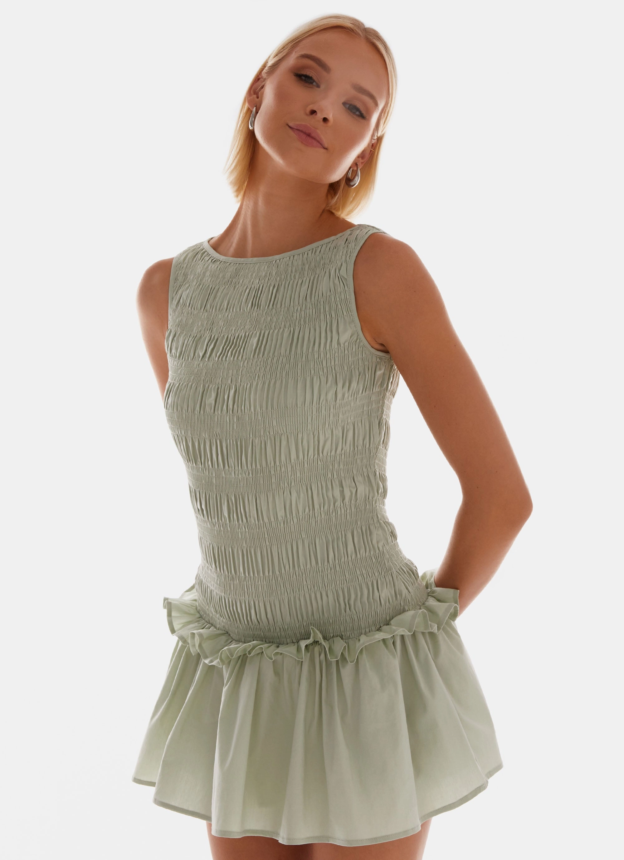 Flattering Layer Trendy Appearance Garden Kisses Shirred Mini Dress - Sage
