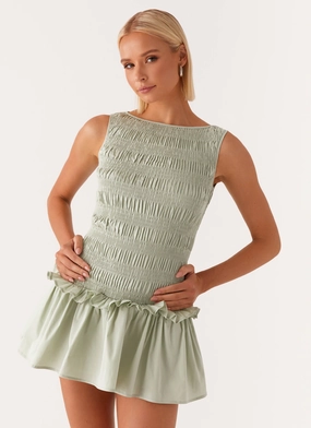 Garden Kisses Shirred Mini Dress - Sage Wrap-Style Classic Tailoring