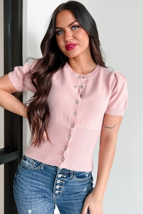 A Total Sweetie Short Sleeve Buttoned Sweater Top (Baby Pink) DoubleNeedle Stitching
