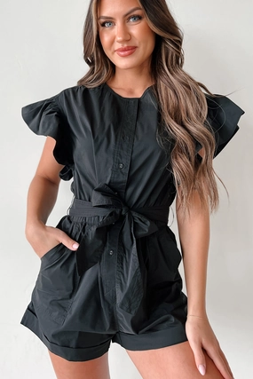 Hidden pockets Outdoor Essentials Shula Button-Front Ruffle Sleeve Romper (Black)