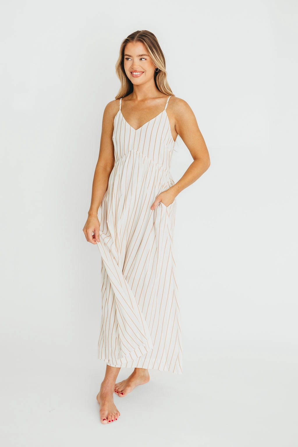 Genesis Stripe Midi Dress in White/Taupe *Final-Sale* Minimalist Waist Fresh Flow