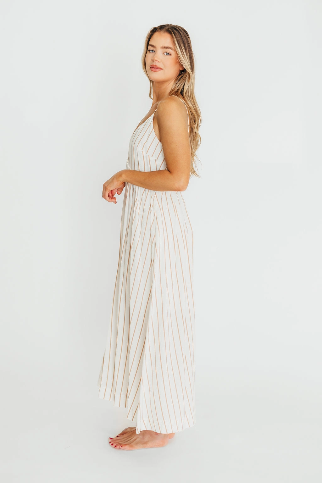 Genesis Stripe Midi Dress in White/Taupe *Final-Sale* Loose Flow Soft and Light