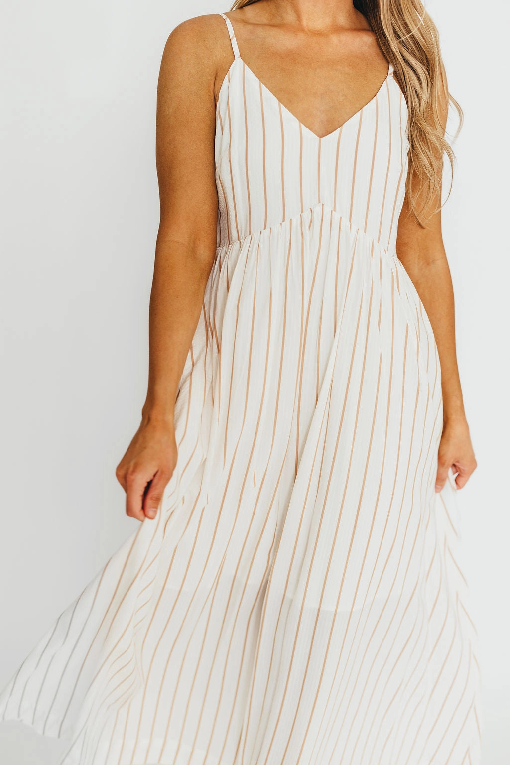 ConvertibleNeckline Texture Play Genesis Stripe Midi Dress in White/Taupe *Final-Sale*