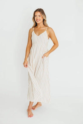 Genesis Stripe Midi Dress in White/Taupe *Final-Sale* Minimalist Waist Fresh Flow