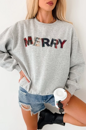 Happy For The Holidays Plaid "Merry" Sweatshirt (Heather Grey) Modular Pocket Layout FrictionResistant Fabric