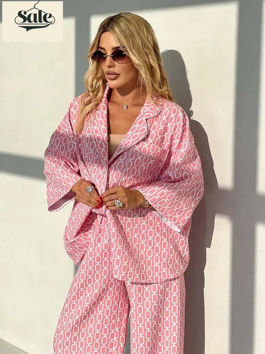 Geometric Print Loungewear Notched Lapel Shirt & Pants