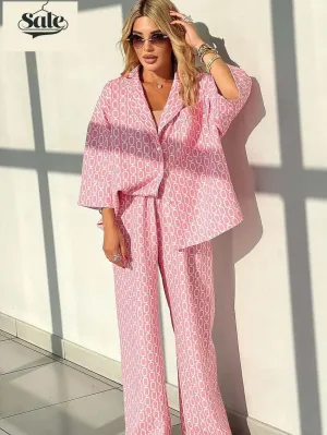 Geometric Print Loungewear Notched Lapel Shirt & Pants