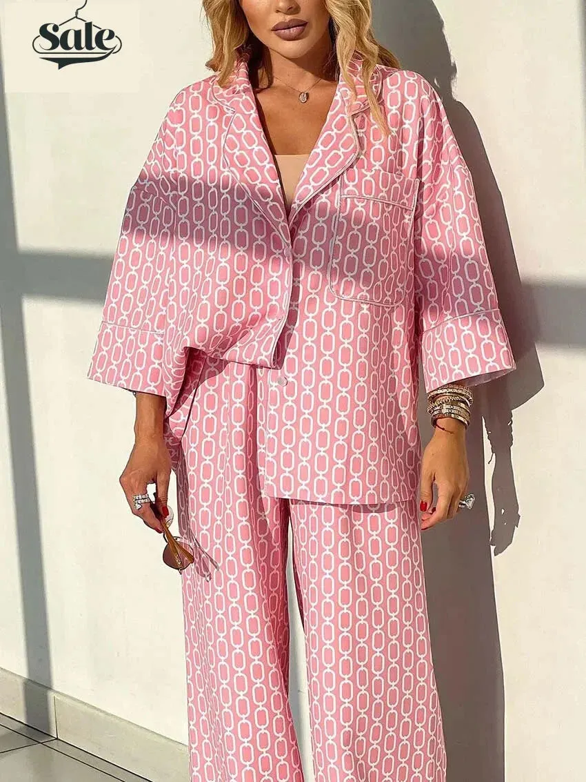 Geometric Print Loungewear Notched Lapel Shirt & Pants