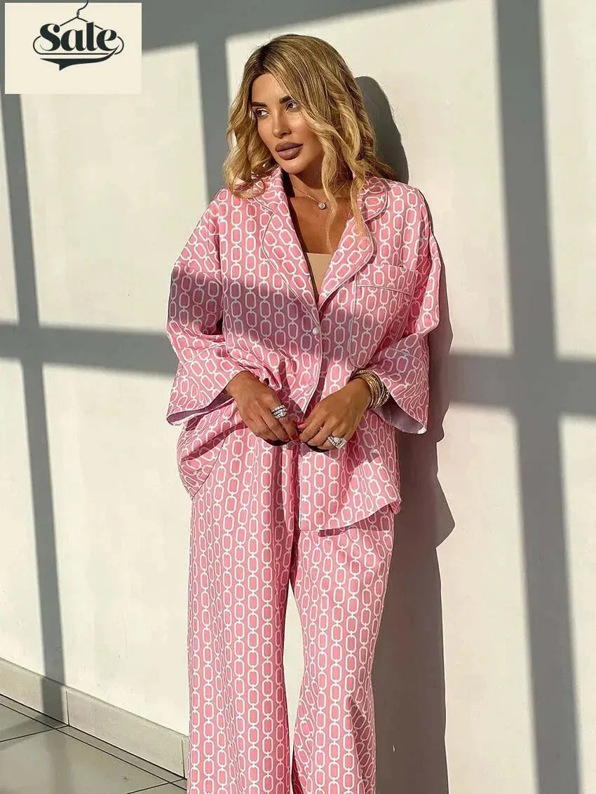 Geometric Print Loungewear Notched Lapel Shirt & Pants